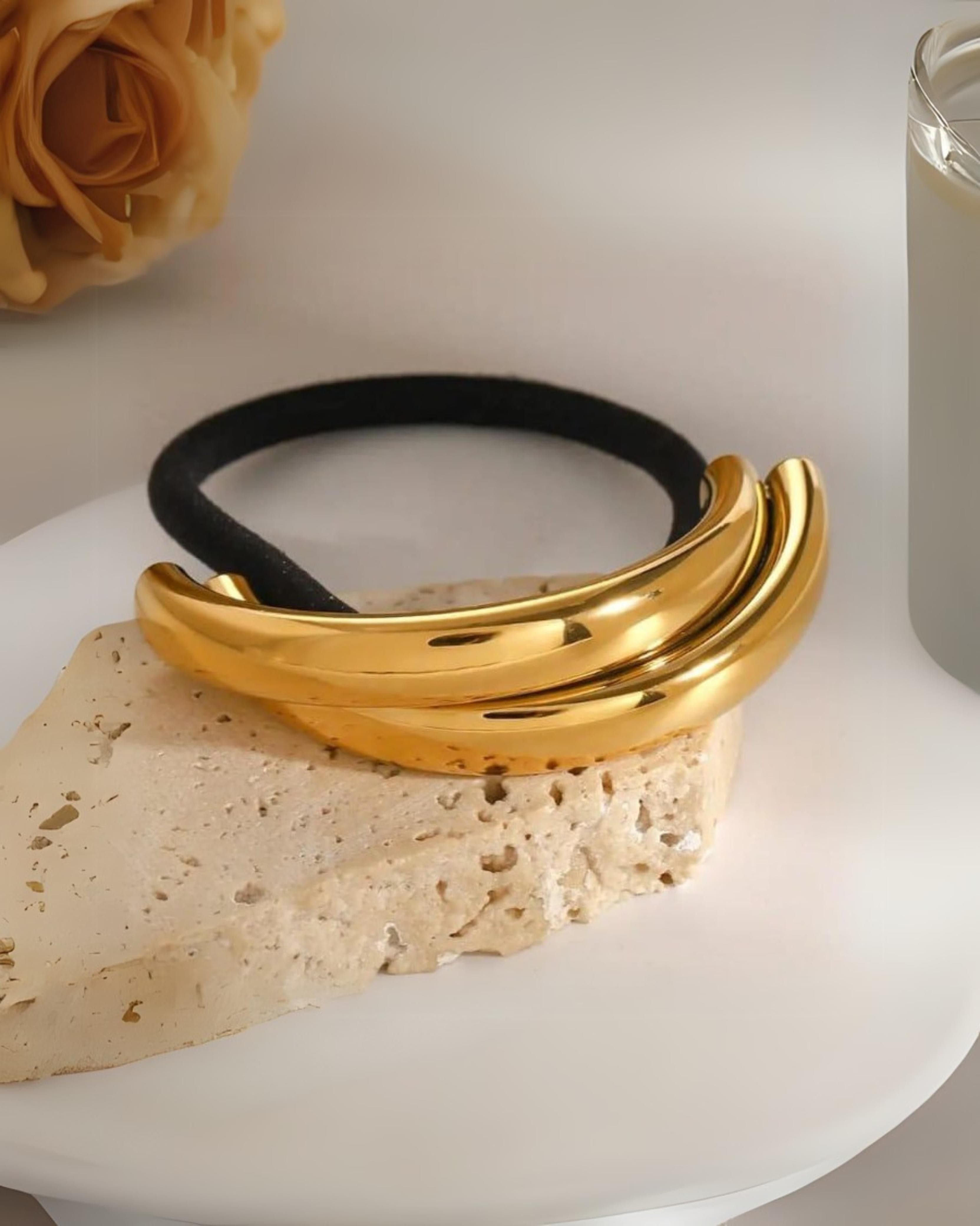 Rekhhta Essentials Hair Accessories Asymmetrical Double Layered Golden Crescent Pony Cuff